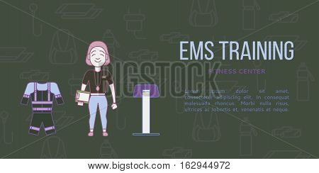 Ems training web banner or flyer in flat style. Electric muscular stimulating fitness concept. Personal trainer with equipment. Sports company vector illustration