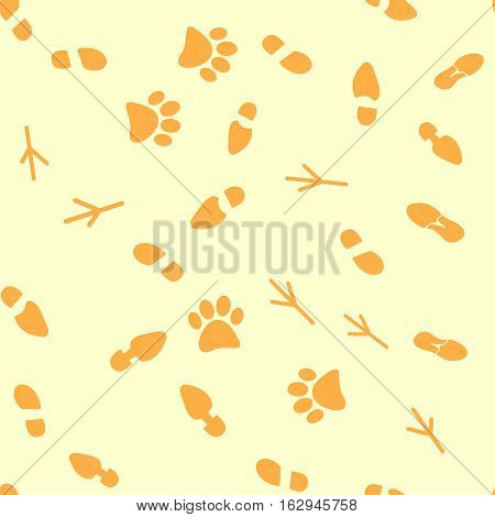 Vector illustration of a seamless pattern of traces of people birds and wild animals flat style.