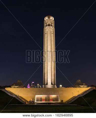 KANSAS CITY, MO - OCTOBER 8, 2016: Monument at the National World War I Museum in Kansas City Missouri at night. The 265 foot tall memorial is constructed of limestone and granite.