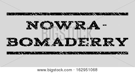 Nowra-Bomaderry watermark stamp. Text tag between horizontal parallel lines with grunge design style. Rubber seal stamp with scratched texture.