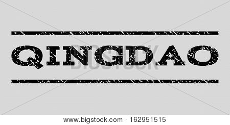Qingdao watermark stamp. Text caption between horizontal parallel lines with grunge design style. Rubber seal stamp with dirty texture. Vector black color ink imprint on a light gray background.