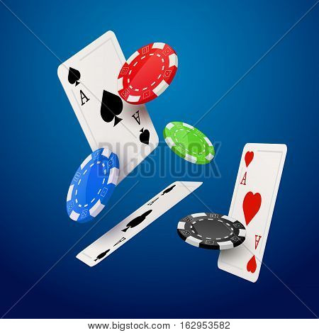 Casino poker design template. Falling poker cards and chips game concept. Casino lucky background isolated.