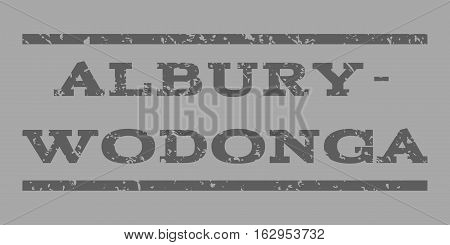 Albury-Wodonga watermark stamp. Text tag between horizontal parallel lines with grunge design style. Rubber seal stamp with dirty texture. Vector dark gray color ink imprint on a silver background.