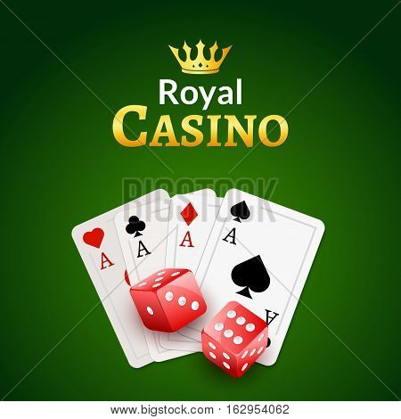 Casino poster design template. Dice and poker cards background. Gambling illustration.