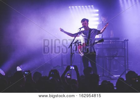 ZAGREB, CROATIA - NOVEMBER 8TH: BRITISH INDIE BAND WHITE LIES PERFORMING AT TVORNICA KULTURE ON NOVEMBER 8TH, 2016 IN ZAGREB, CROATIA