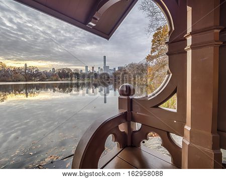 At the Lake in Central Park New York City in autumn early morning at Gazbo