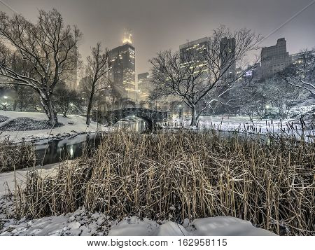 Gapstow Bridge is one of the icons of Central Park Manhattan in New York City during snow storm at night