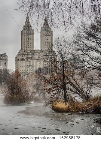 Central Park New York City on foggy morning fter snow storm