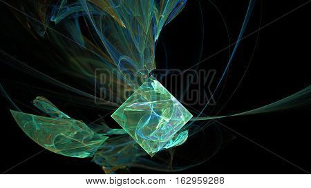 Green cube curves and waves abstract background in dark
