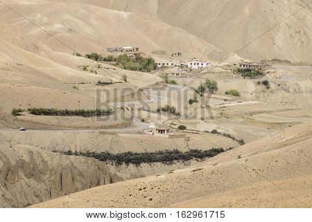 Aerial view of Zigzag road - famously known as jilabi road at old route of Leh Srinagar Highway Ladakh Jammu and Kashmir India