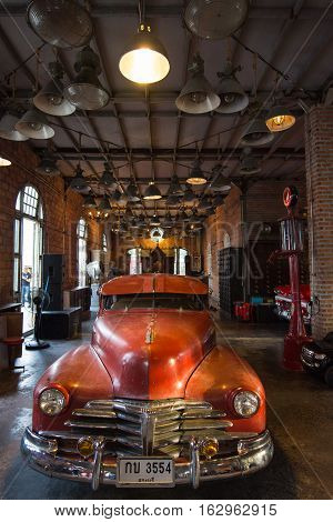 BANGKOK THAILAND - SEPTEMBER 17 2016: Old vintage car at Night market Srinakarin or train market. This market is open every Wednesday to sunday.