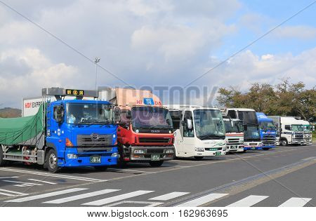 FUKUI JAPAN - OCTOBER 18, 2016: Transportation tracks park at highway parking area in Fukui Japan.
