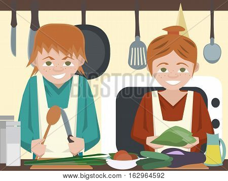 kids at kitchen cooking vegetables - funny vector cartoon illustration