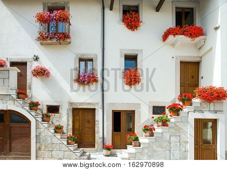 Italy Pescocostanzo traditional architectures with floral decorations of the country center