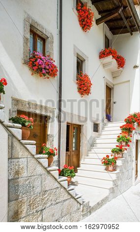 Italy Pescocostanzo traditional architectures with floral decorations of the country center