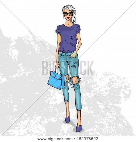 High trendy color look. Glamor stylish beautiful young woman model. Bright colorful cloth. Fashion style