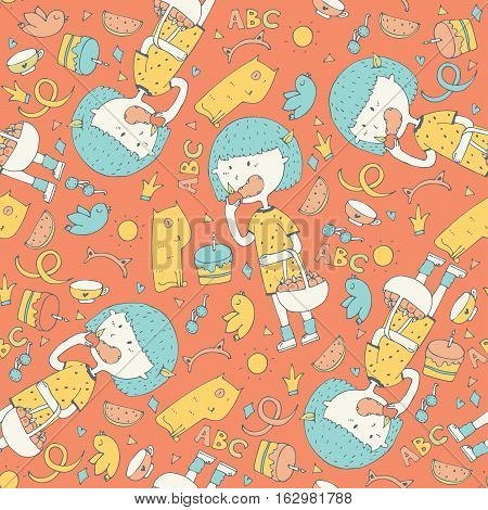 Color lovely illustration with cute little girl eating apple in seamless pattern on orange background. Girl with blue hair and yellow dress pattern decorated with hand drawn doodles