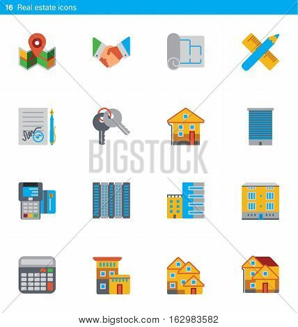 Vector set of 16 icons showing real estate and construction business in flat material style