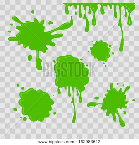 Paint drop abstract illustration. Green slime on checkered transparent background. Flat style. Vector set