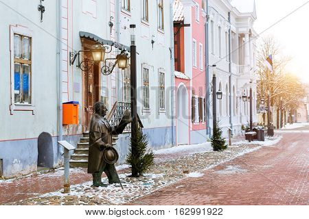 Artist Johann Voldemar Jannsen (1819-1890) memorial. Architectural diversity in centre of resort Estonian town Parnu. Snow-covered streets of tourist Baltic city in winter