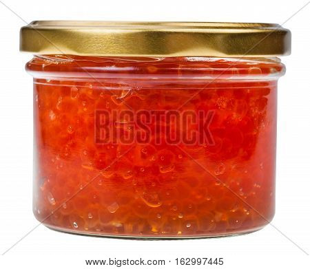 Front View Of Closed Glass Jar With Red Caviar