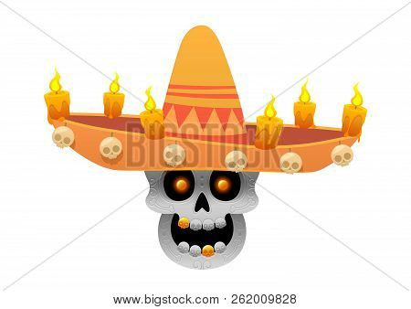 Cartoon Mexican Sugar Skull Vector Illustration For Dia De Los Muertos Day Of The Dead With Sombrero