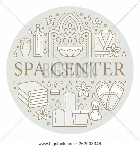 Spa Center Banner Illustration With Flat Line Icons. Essential Oils, Aromatherapy Massage, Turkish S