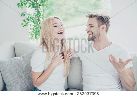 Beautiful Lovely Nice Cute Adorable Couple, Husband And Wife, Joking, Resting At Home, Sitting On So