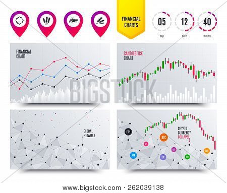 Financial Planning Charts. Agricultural Icons. Wheat Corn Or Gluten Free Signs Symbols. Tractor Mach