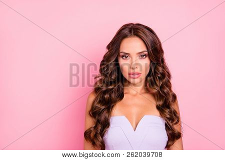 Portrait Of Nice Adorable Attractive Cute Gorgeous Positive Thoughtful Wavy-haired Girl With Decolle