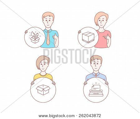 People Hand Drawn Style. Set Of Opened Box, Delivery Box And Creativity Icons. Typewriter Sign. Ship