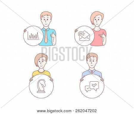 People Hand Drawn Style. Set Of Receive Mail, Line Graph And Marketing Strategy Icons. Approve Sign.