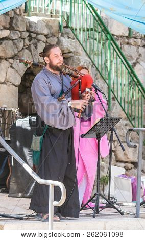 Jerusalem, Israel, September 29, 2018 : Musicians In Authentic Costumes Play The Bagpipes For Visito