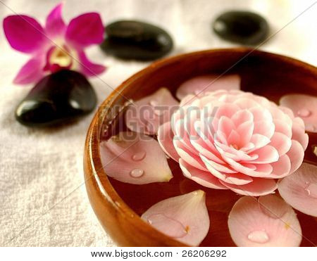 Růžový květ v dřevěné misce, fialové orchideje v pozadí