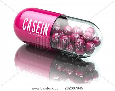 Casein capsiule isolated on white background. Sport nutrition and supplement for bodybuilding concept. 3d illustration