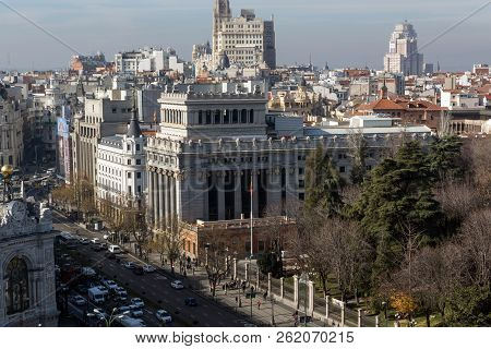 Madrid, Spain - January 24, 2018:  Panoramic View From The Terrace Of Cybele Palace (palacio De Cibe