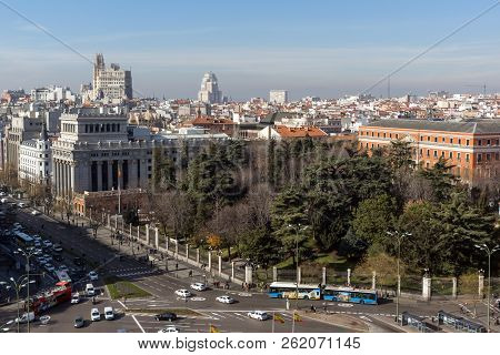 Madrid, Spain - January 24, 2018:  Panoramic View From The Terrace Of Cybele Palace (palacio De Cibe
