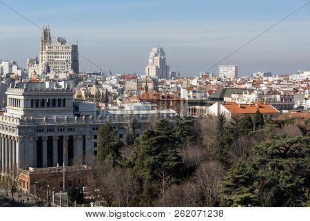 Madrid, Spain - January 24, 2018:  Panoramic View From The Terrace Of Cybele Palace (palacio De Cibe