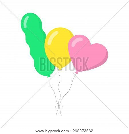 Colorful Air Balloons With Shadow And Light Reflection Tied Together With String. Heart, Ellipse And