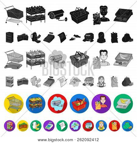 Supermarket And Equipment Flat Icons In Set Collection For Design. Purchase Of Products Vector Symbo