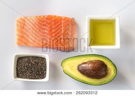 Omega 3 Products On The White Background Flat Lay