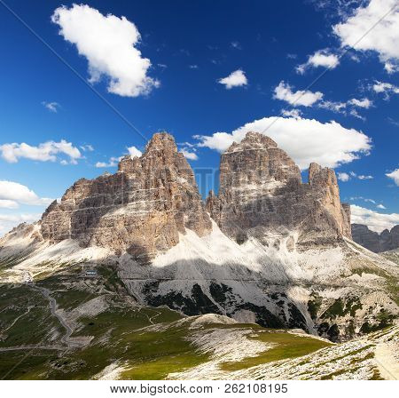 Drei Zinnen Or Tre Cime Di Lavaredo With Beautiful Sky, Sextener Dolomiten Or Dolomiti Di Sesto, Sou
