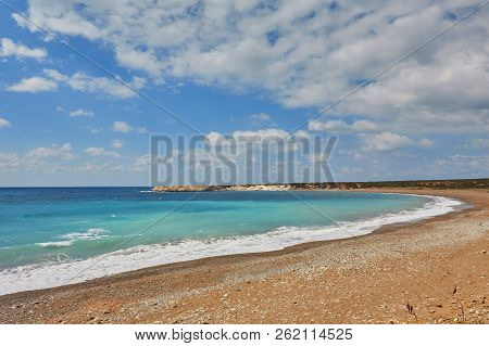 Beautiful Wild Beach With Clear Turquoise Water And Waves. Lara Beach, Cyprus.