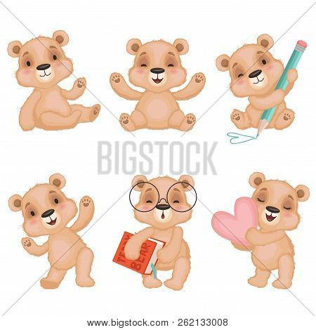 Teddy Bear Characters. Fluffy Cute Toys For Kids Bear Vector Mascots In Various Action Poses. Set Of