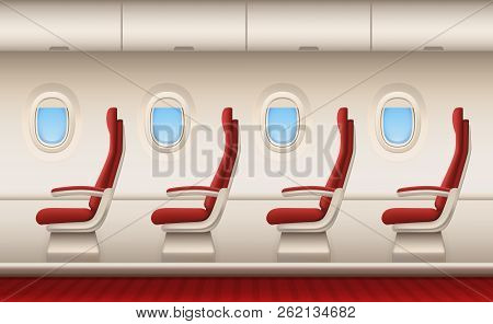 Passenger Plane Interior. Aircraft Cabin With White Closeup Windows Portholes Plane Inside Comfort C