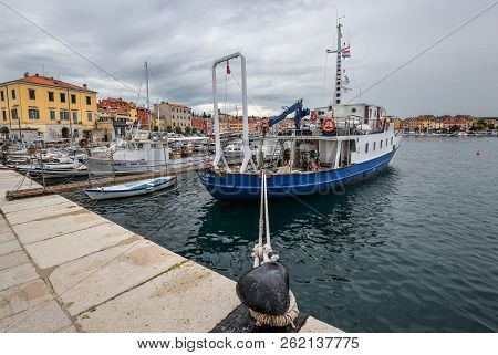 Rovinj, Croatia - May 22, 2018: Pier In Coastal Town Of Rovinj, Istria, Croatia. Rovinj - Beautiful 