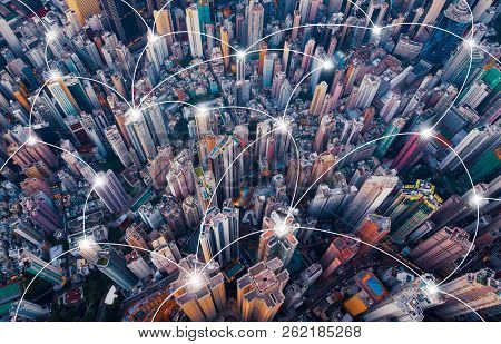 Digital Network Connection Lines Of Hong Kong Downtown. Financial District And Business Centers In S