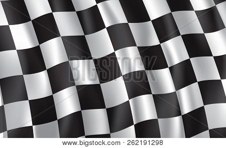 Car Race Or Motorsport Rally Flag. Vector Checkered 3d Wavy Pattern Background Of Racing Sport, Bike
