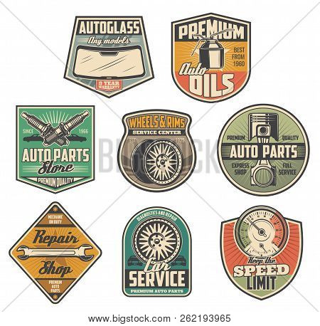 Car Service, Repair Station, Vehicle Spare Parts Shop Icons. Vector Autoglass Sale, Premium Engine O