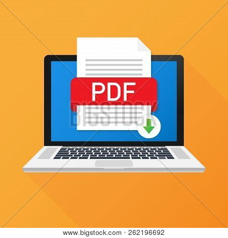 Download Pdf Button On Laptop Screen. Downloading Document Concept. File With Pdf Label And Down Arr